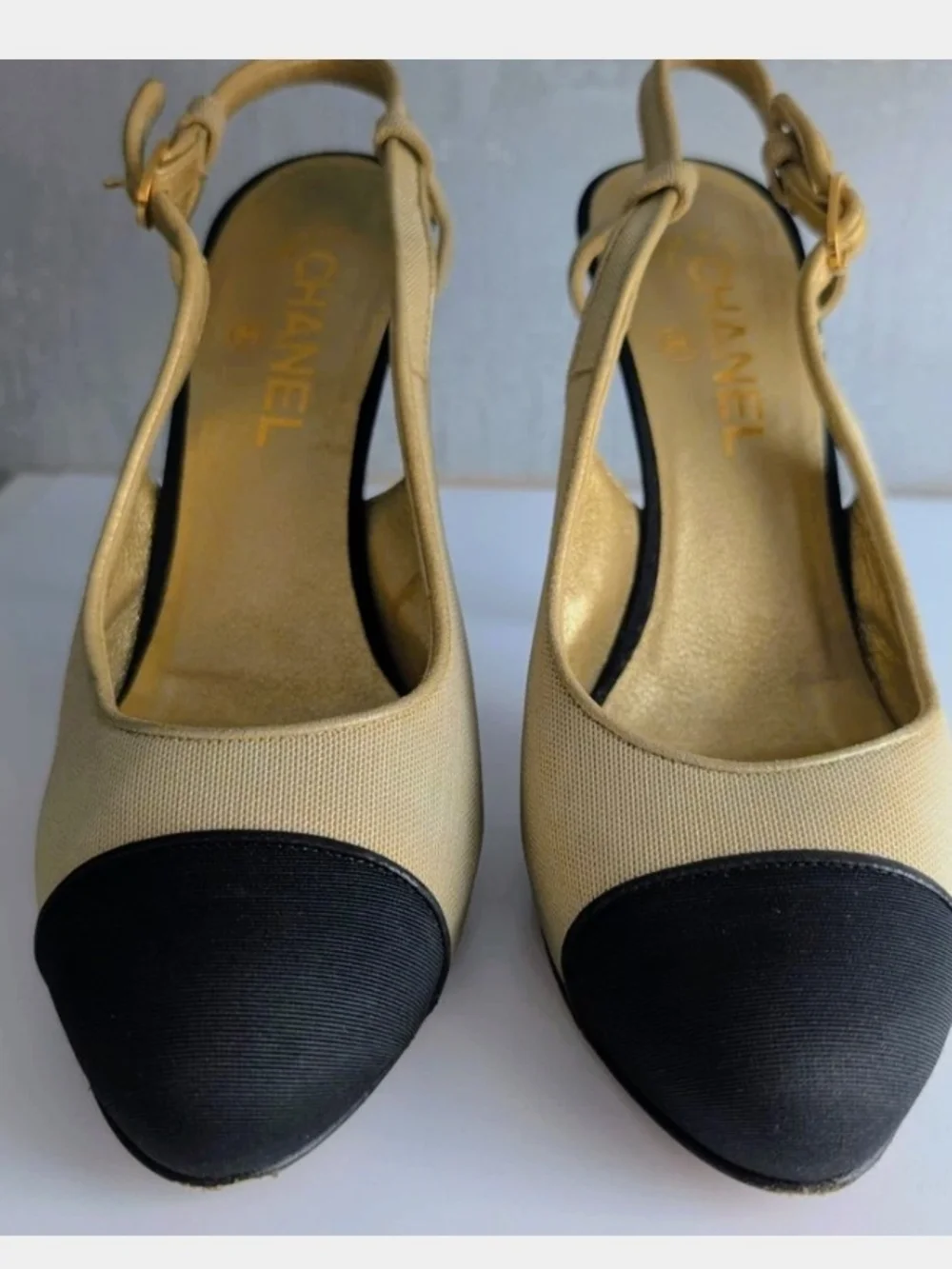 CHANEL Cream and Black Two-Tone Slingback Heels